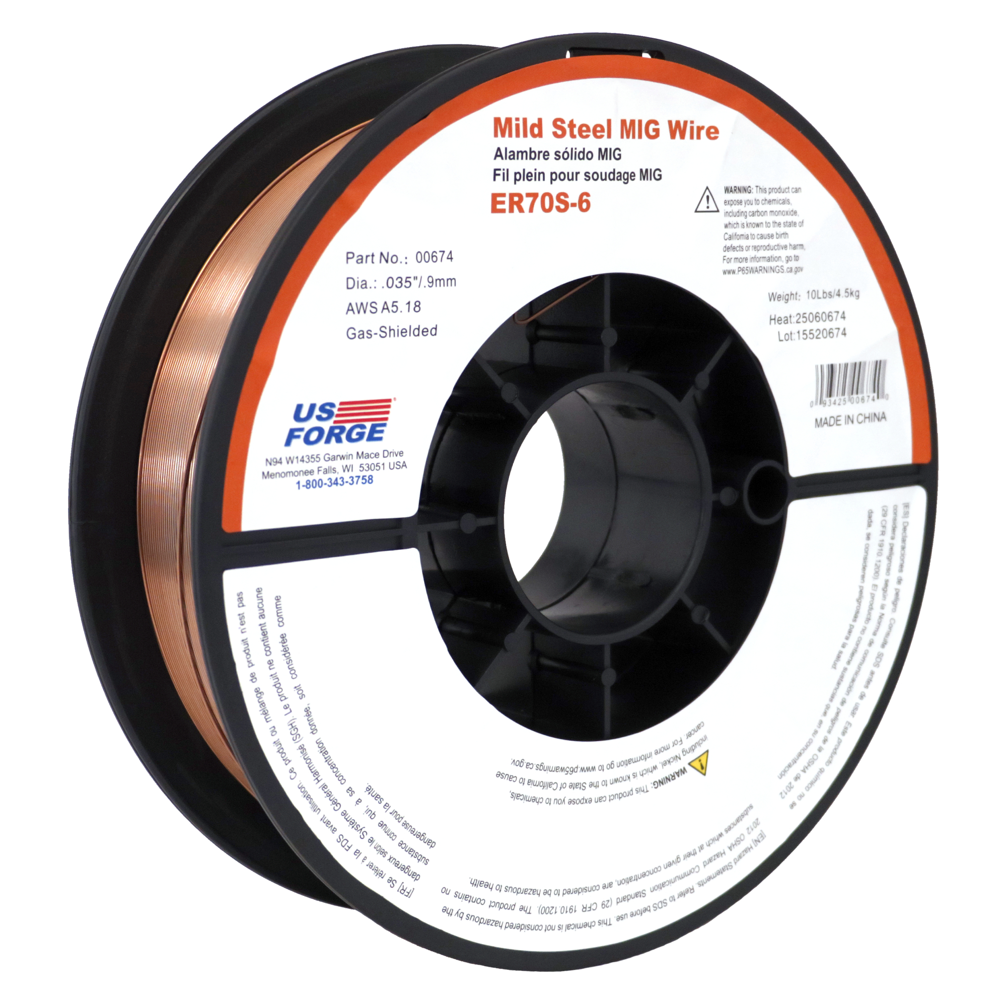 US Forge Solid Mild Steel MIG Wire — 0.035in. ER70S-6, 10 lbs., Model# 0674